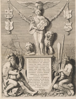 Sculpture group with the Amsterdam City Maiden, river gods, and inaugural text in the Courtroom of