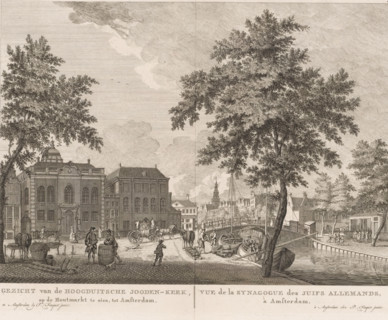 View of the High German Jewish Church, visible on the Houtmarkt, in Amsterdam, Vue de la Synagogue