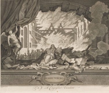 Allegory on the fire of the theatre on the Keizersgracht in Amsterdam, 1772, Theatre, Title print