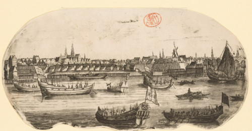 Boats with musketeers or soldiers in the Outer Amstel in front of Amsterdam, print, most likely