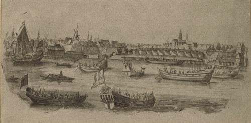 Boats with musketeers or soldiers in the Outer Amstel in front of Amsterdam, print, most likely