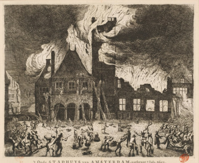 The fire in the Old City Hall of Amsterdam, 1652, Image of the old City Hall of Amsterdam burned on