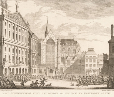 Capt. Scheerenberg quells the riot on the Dam in Amsterdam, 1747, Captain Scheerenberg drives away