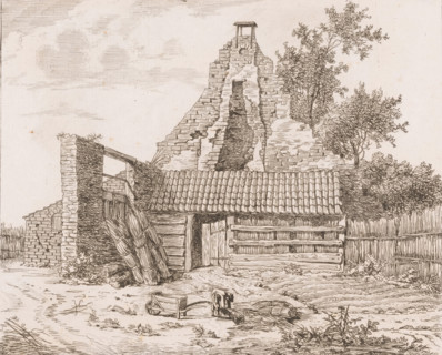 Reed cutter in front of the ruin of Huis Snaatburg in Maarssen, print, printmaker: Anthonie van den