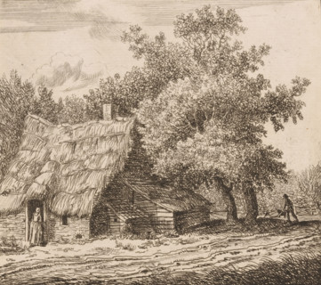 Farmhouse with woman at the door and a man with a wheelbarrow on a path, print, annotation: 'Aan de