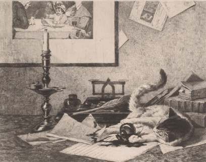 Playing cat spills an inkwell on the table, print, printmaker: Eduard van den Bosch, printer