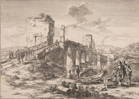 Landscape with bridge, the Ponte Molle, Landscapes in the vicinity of Rome, print, printmaker: Jan