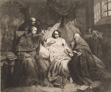 Interrogation of Don Carlos by the Grand Inquisitor Torquemada, print, printmaker: attributed to