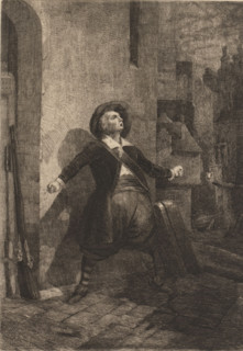 Man on the street with a gun next to him, print, printmaker: Henry Brown, after painting by Gustave