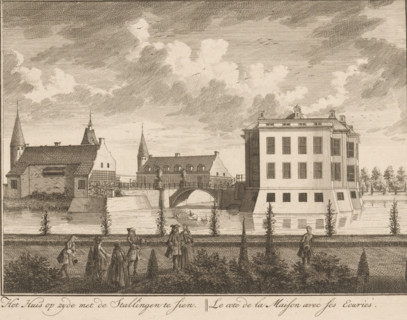 View of the side facade of Middachten Castle, The House on the side with the Stables visible, Le