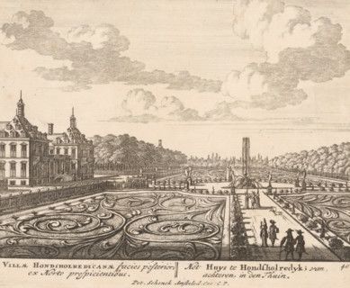 Villae Hondsholredicanae facies posterior, ex horto prospicientibus, Het huys te Hondsholredyk, van