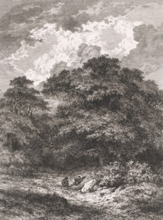 Landscape with two resting figures in front of a forest, print, printmaker: César de Cock, 1850,