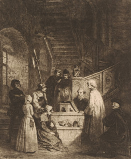 Figures before a judge with a staircase in the background, print, printmaker: Adolphe Alexandre