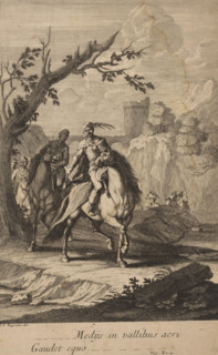 Horsemen passing through the valley, Medijs in vallibus acri Gaudet equo, print, printmaker: Jacob