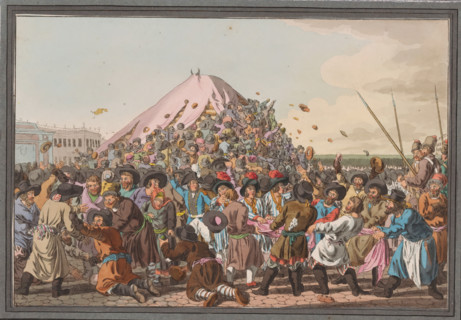 Crowd of people in a square fighting over food and clothing, Russian popular entertainment, print,