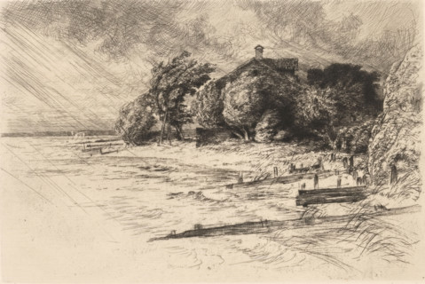 House in stormy landscape in Reichenau, print, printmaker: Peter von Halm, 1864 - 1923, paper,