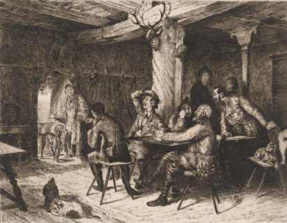 Inn scene with a group of drinking hunters, print, printmaker: Edmund Herger, publisher: Weimarer