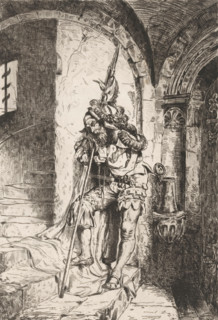 Sleeping soldier leaning against his halberd on a staircase, print, printmaker: Edmund Herger,