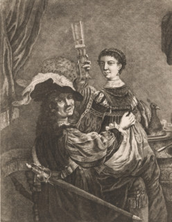 Richly dressed man with a glass in his hand and a woman on his lap, print, printmaker: Georg