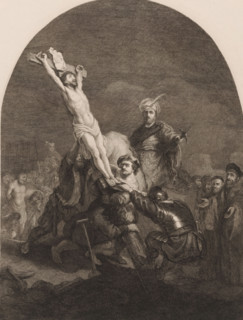 Erecting of the cross, print, printmaker: Carl Ernst Christoph Hess, after painting by Rembrandt