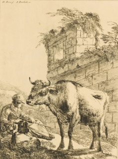 Shepherdess with a ram, a goat, and a cow by a ruin, print, This print is part of an album.,