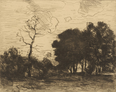 Landscape at Night, print, Landscape in silhouette, with a group of trees on the right and a figure