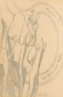 Menu with tulips, print, menu, On the left four tulips. On the right a ribbon with the date