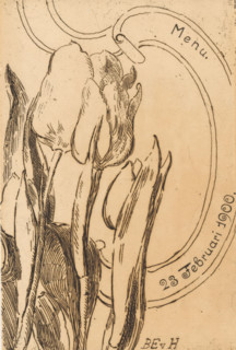 Menu with tulips, print, menu, Four tulips on the left. A ribbon with the date February 23, 1900 on