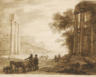 View in Rome with three columns of the Temple of Jupiter Stator and the Colosseum, Liber Veritatis.