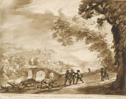 Landscape with stone bridge over river, bandits and fleeing goats, Prints after drawings by Claude