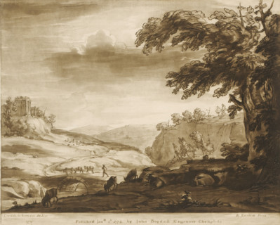 Mountainous landscape with bridge over a river, shepherd and goats, Liber Veritatis. Or a