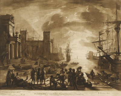 Seaport with setting sun and many figures and buildings on shore, Liber Veritatis. Or a Collection