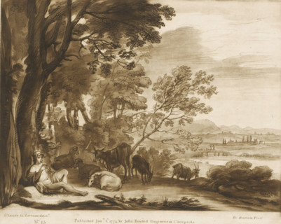 Landscape with a flute-playing shepherd under a tree and six cattle, Liber Veritatis. Or a
