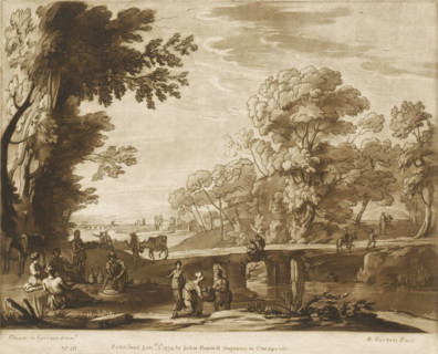 Landscape with stone bridge and four figures having their meal, Prints after drawings by Claude