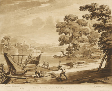 Landscape with lake and men engaged in shipbuilding, Liber Veritatis. Or a Collection of Two