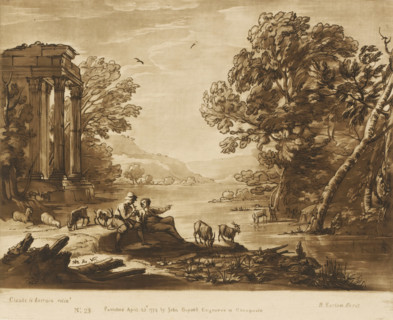 Landscape with portico and resting shepherds with cattle on the riverbank, Prints after drawings by