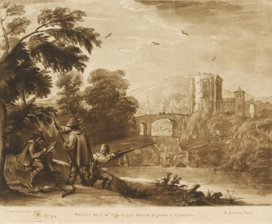 Landscape near a village, with two hunters and a draftsman on a riverbank, Prints after drawings by