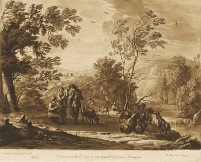 Hilly landscape with cattle and three shepherds making music, Prints after drawings by Claude