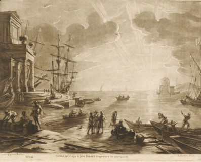 Seaport with classical building and figures on shore, at sunset, Liber Veritatis. Or a Collection