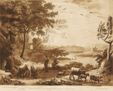 Landscape with shepherdess and flute-playing shepherd near a lake, Prints after drawings by Claude