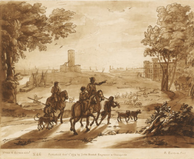 Coastal landscape with three hunters on horses, Liber Veritatis. Or a Collection of Two Hundred