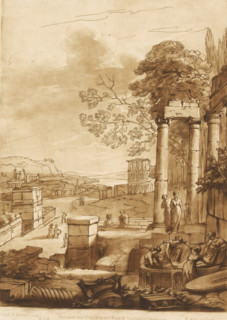 Landscape with ruins and women placing a body in a sarcophagus, Liber Veritatis. Or a Collection of