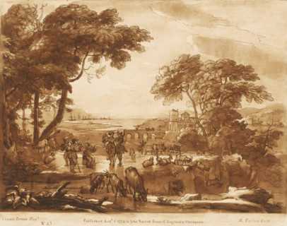 Landscape with shepherds making music and goats falling from a cliff, Prints after drawings by