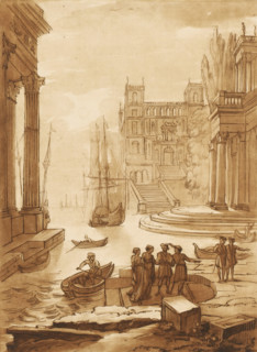 Seaport with six figures on shore and three buildings, Liber Veritatis. Or a Collection of Two