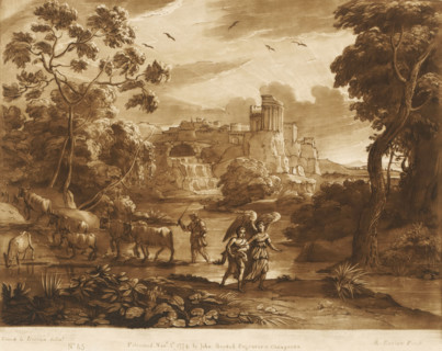 Landscape with ancient city on a cliff and Tobias and the angel on the bank, Prints after drawings