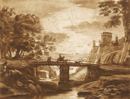 Landscape with travelers crossing a bridge at sunset, Prints after drawings by Claude Lorrain,