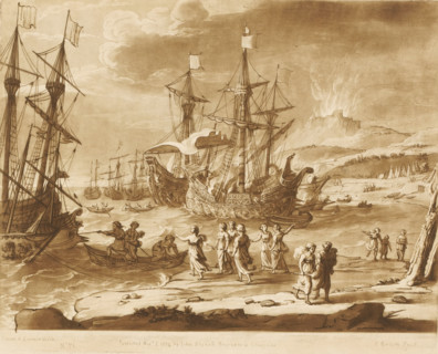 Coastal view with Trojan women setting ships on fire, Prints after drawings by Claude Lorrain,
