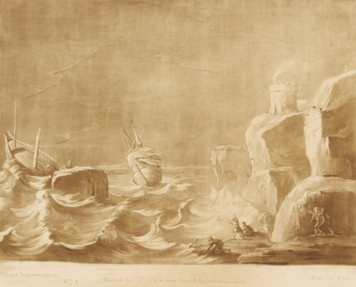 Shipwreck near a rocky coast with tower, Liber Veritatis. Or a Collection of Two Hundred Prints,