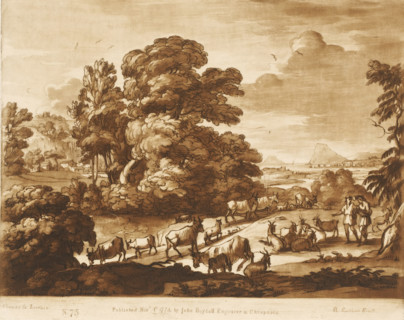 Landscape with large tree and two shepherds with cattle, Prints after drawings by Claude Lorrain,