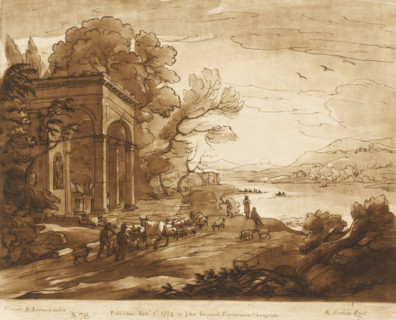 Landscape with drovers along a lake and a classical building, Prints after drawings by Claude